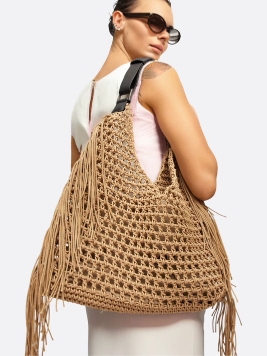 Bohemian Straw Tote Bag with Tassel Detail