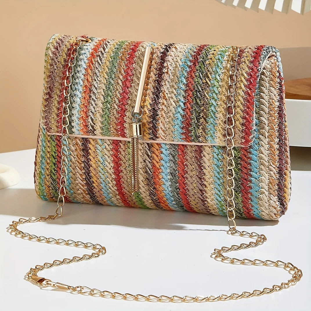 Rainbow Stripe Straw Crossbody Bag with Tassel Accent for Women