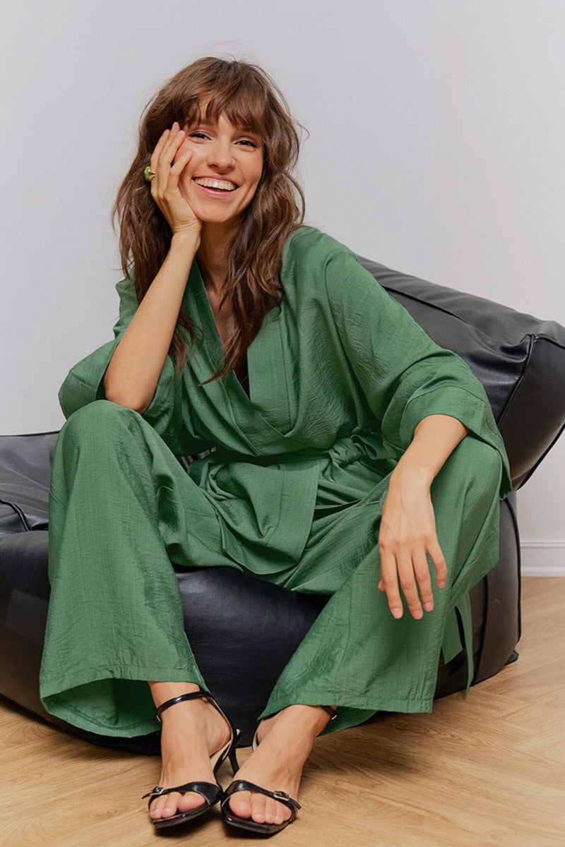 Women's tie-waist pajama set with long-sleeve top and straight pants