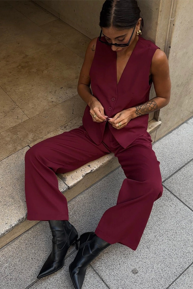 Women's tailored vest and straight-leg pants set shown together