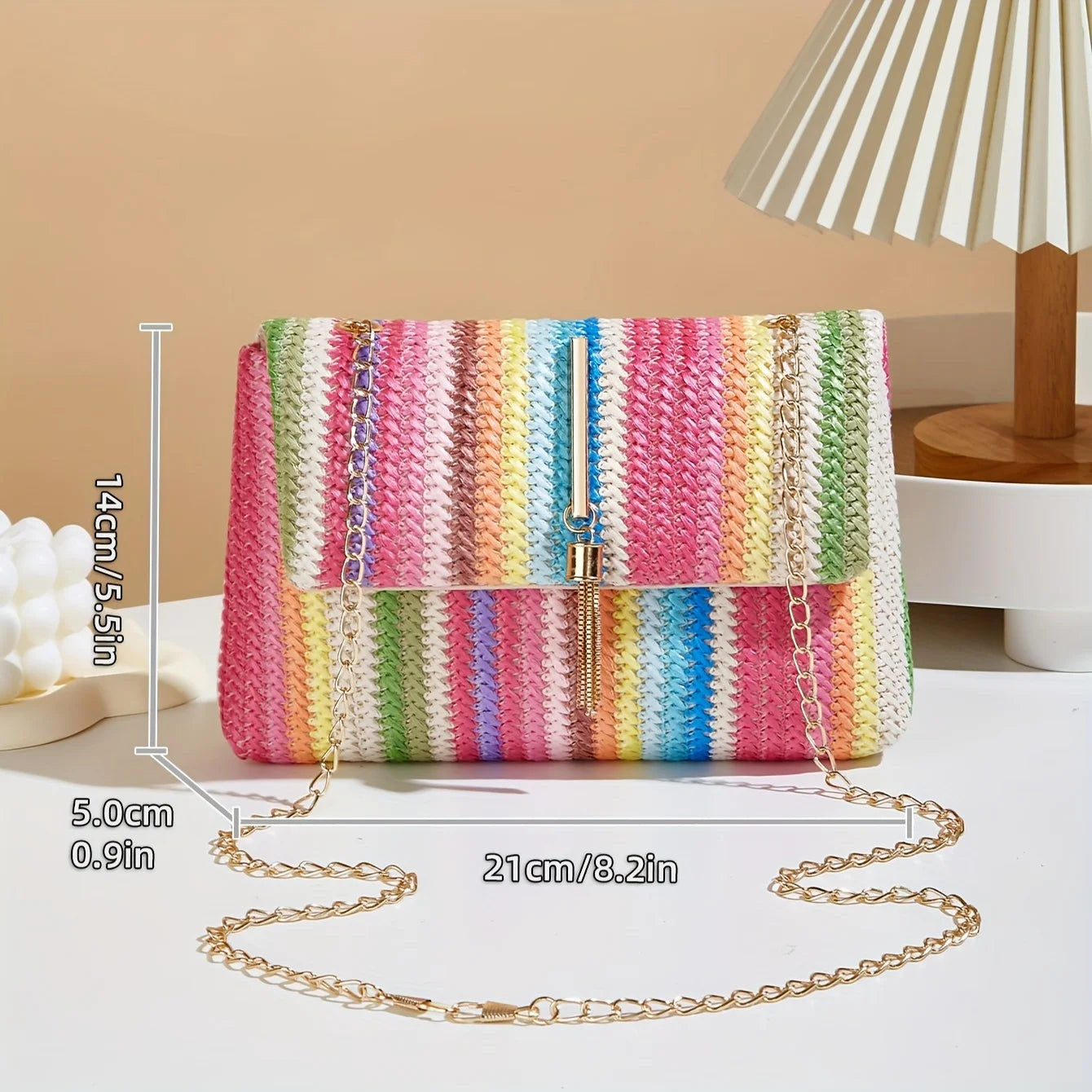 Rainbow Stripe Straw Crossbody Bag with Tassel Accent for Women