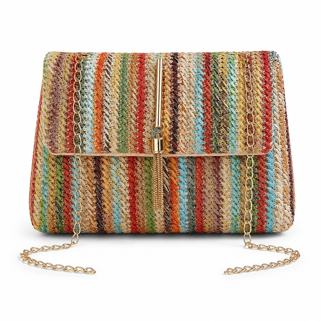 Rainbow Stripe Straw Crossbody Bag with Tassel Accent for Women