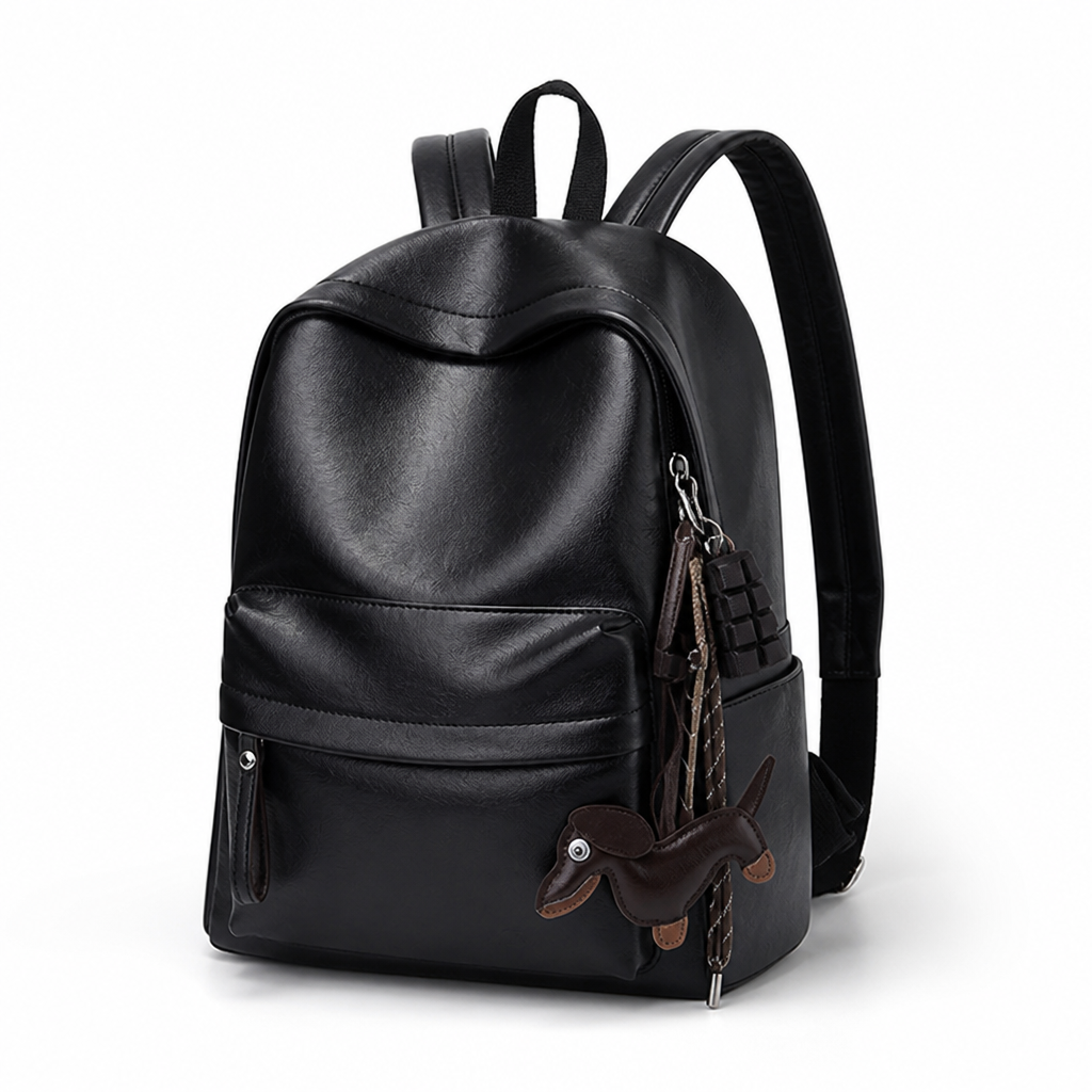 Brown leather backpack with multiple exterior pockets