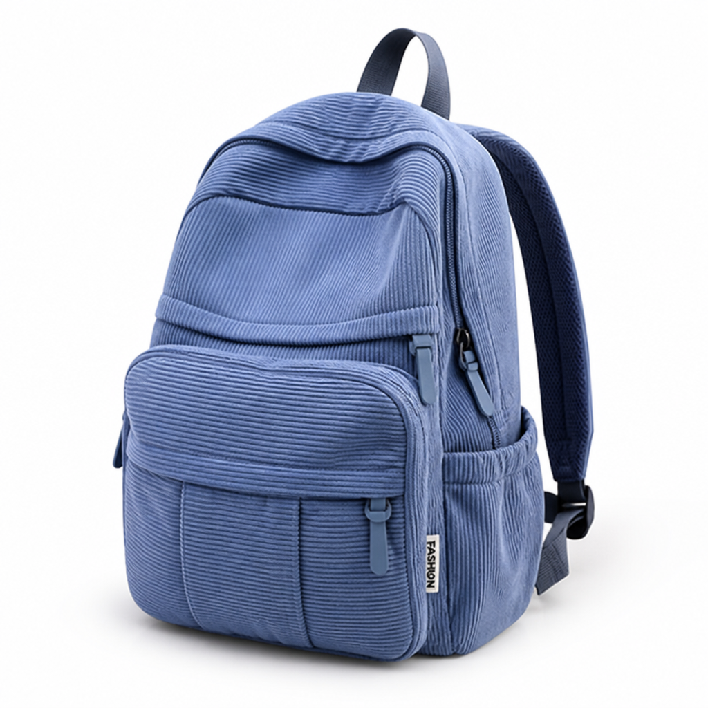 Brown corduroy backpack with multiple exterior pockets