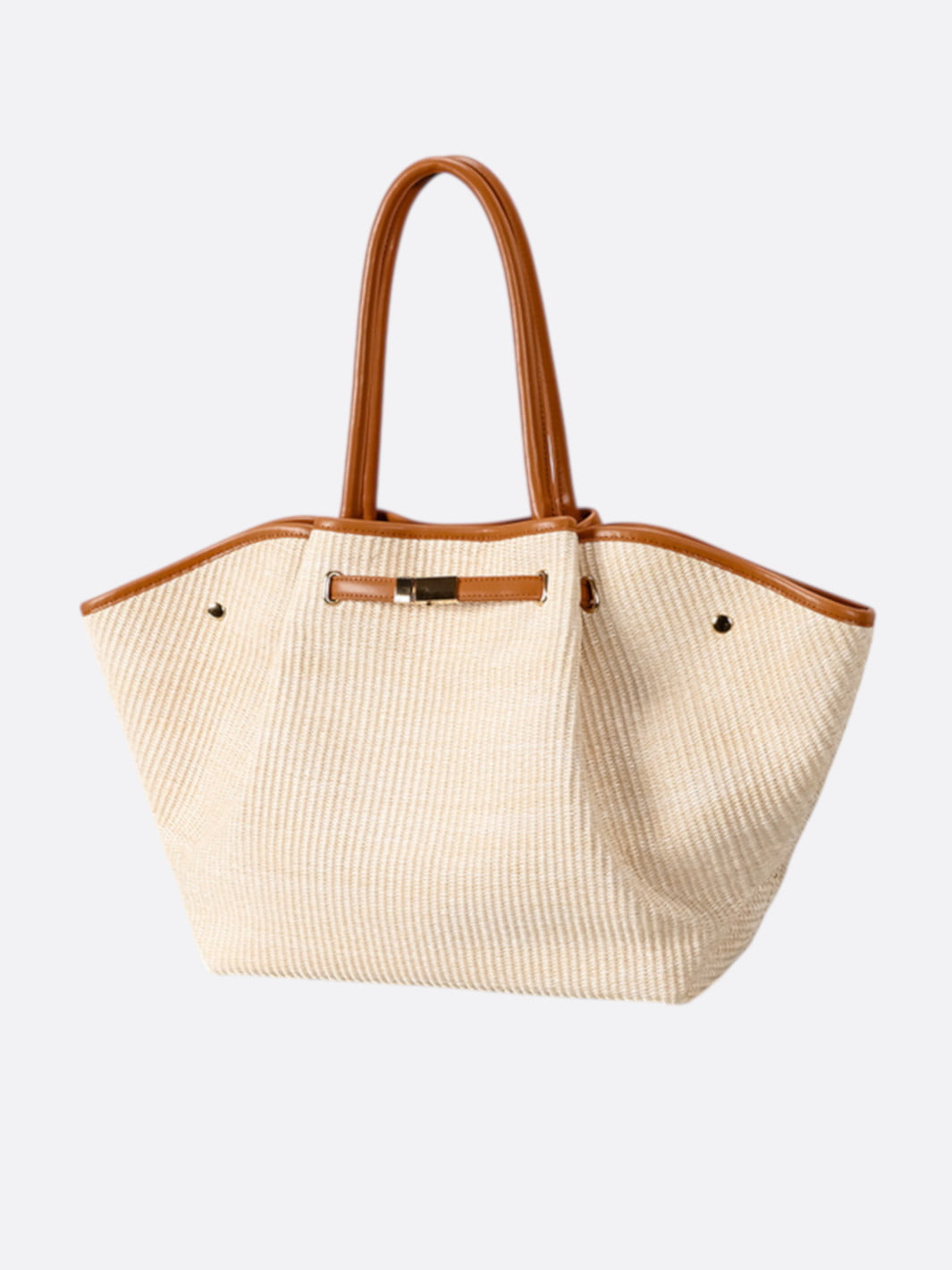 Camel Straw and Leather Tote Bag