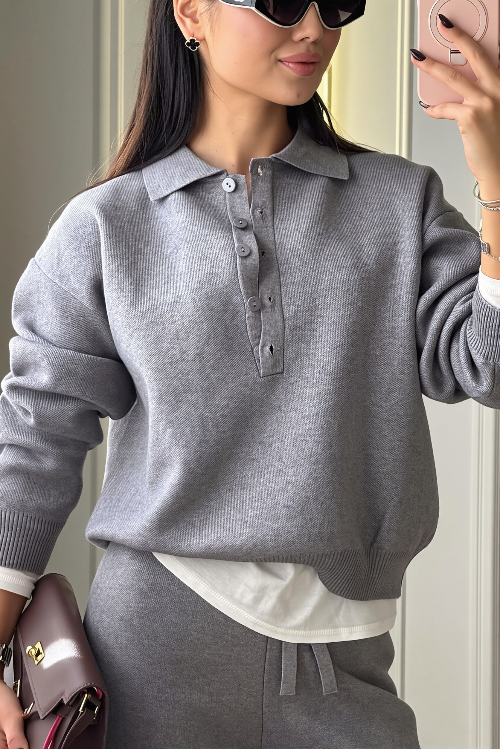 Knit Polo Sweater And Wide Leg Pants Set