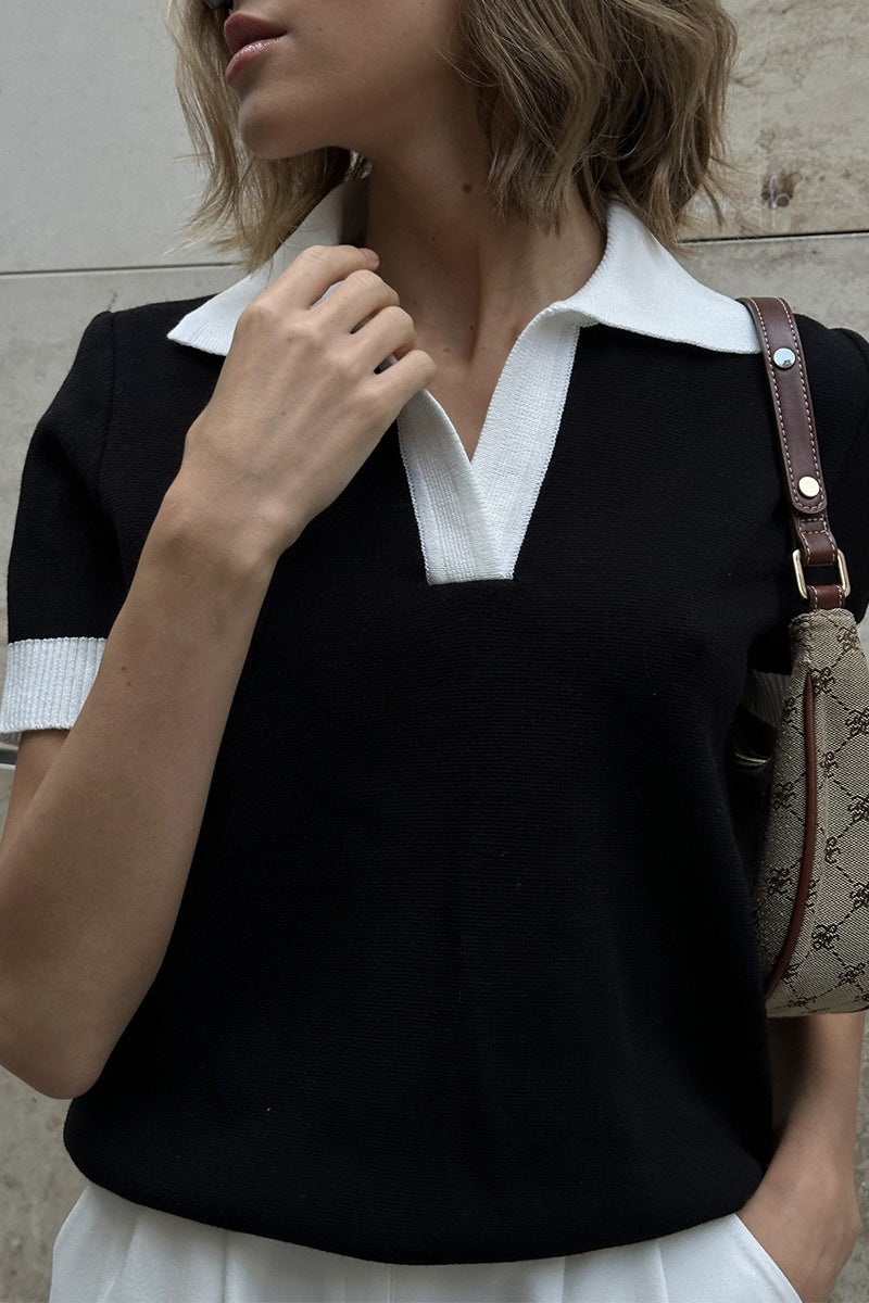 Side view of the short sleeve polo sweater