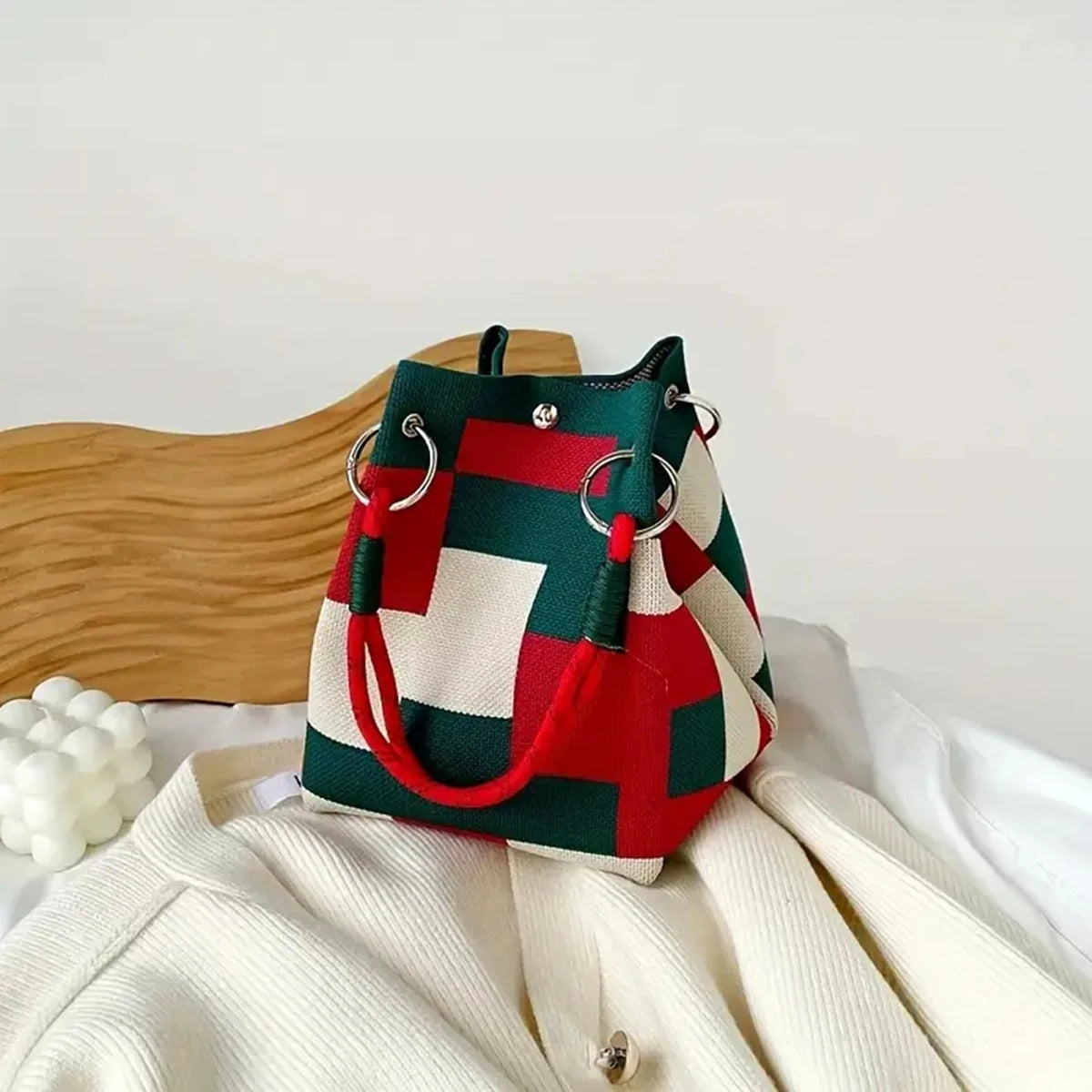 Colorblock Knitted Retro Bucket Handbag