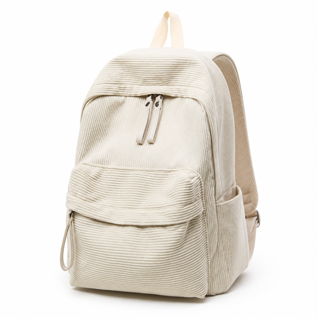 Front view of a structured backpack with multiple practical storage sections