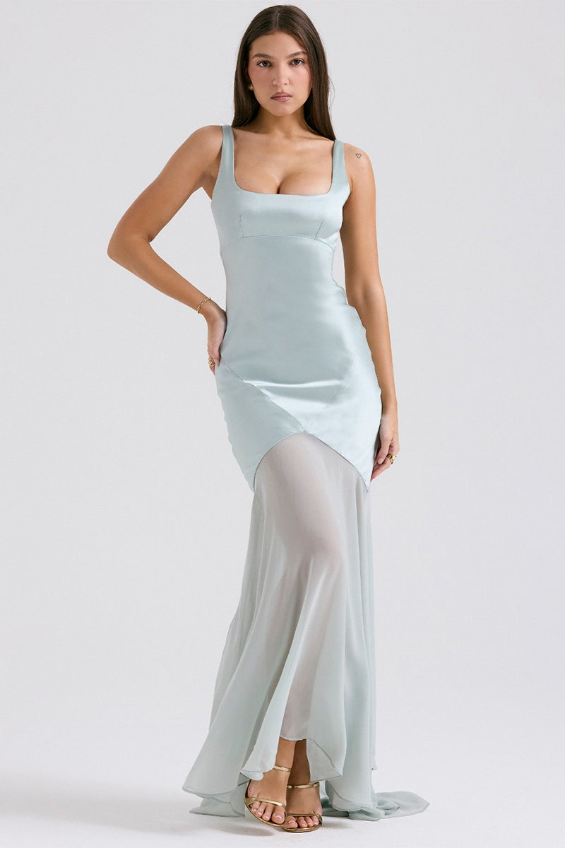 Side view of a satin chiffon patchwork cami maxi dress