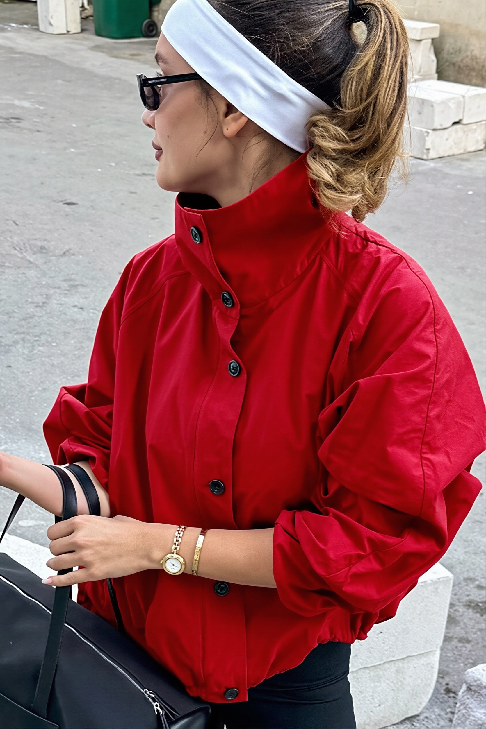 High Neck Windbreaker Jacket With Drawstring Hem