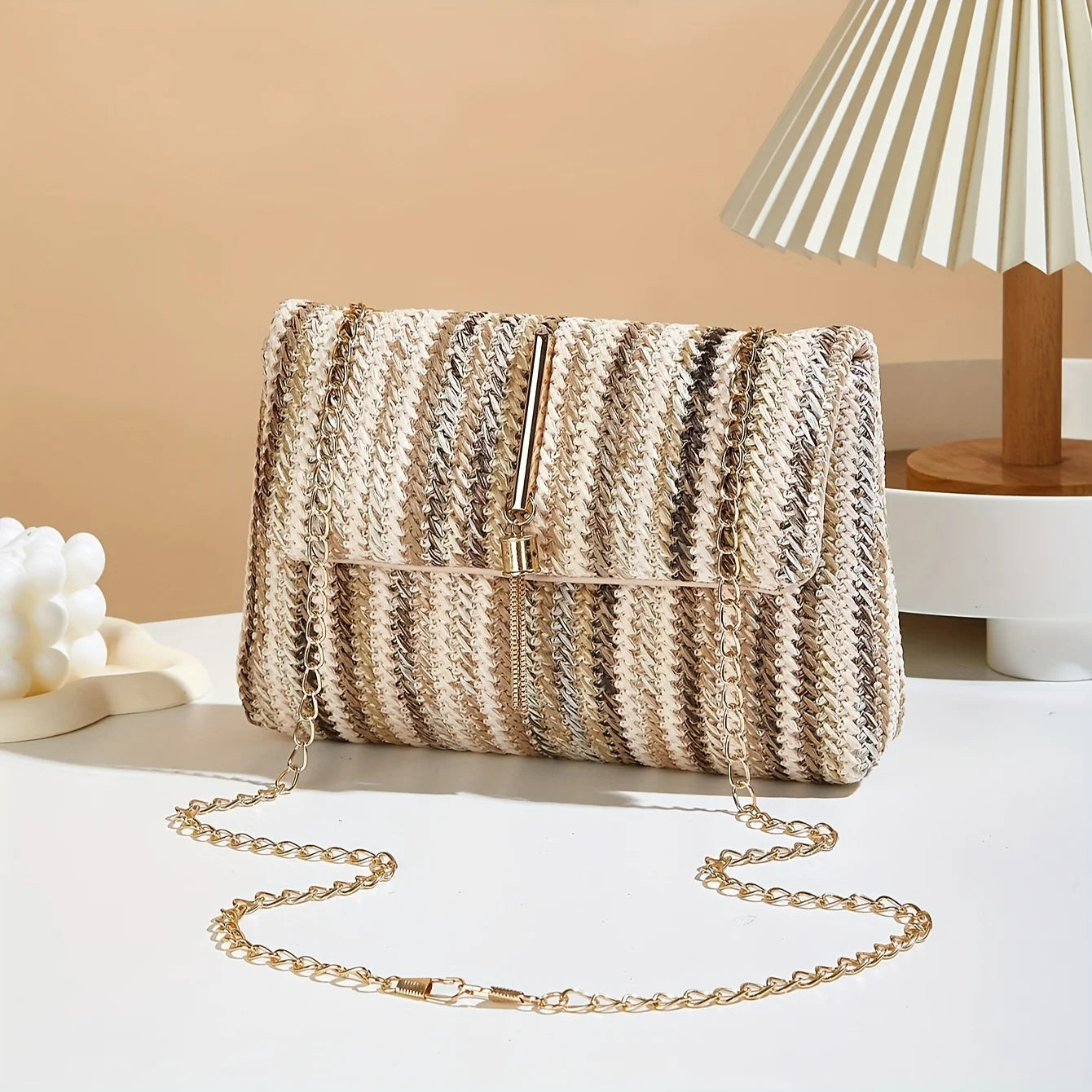 Rainbow Stripe Straw Crossbody Bag with Tassel Accent for Women