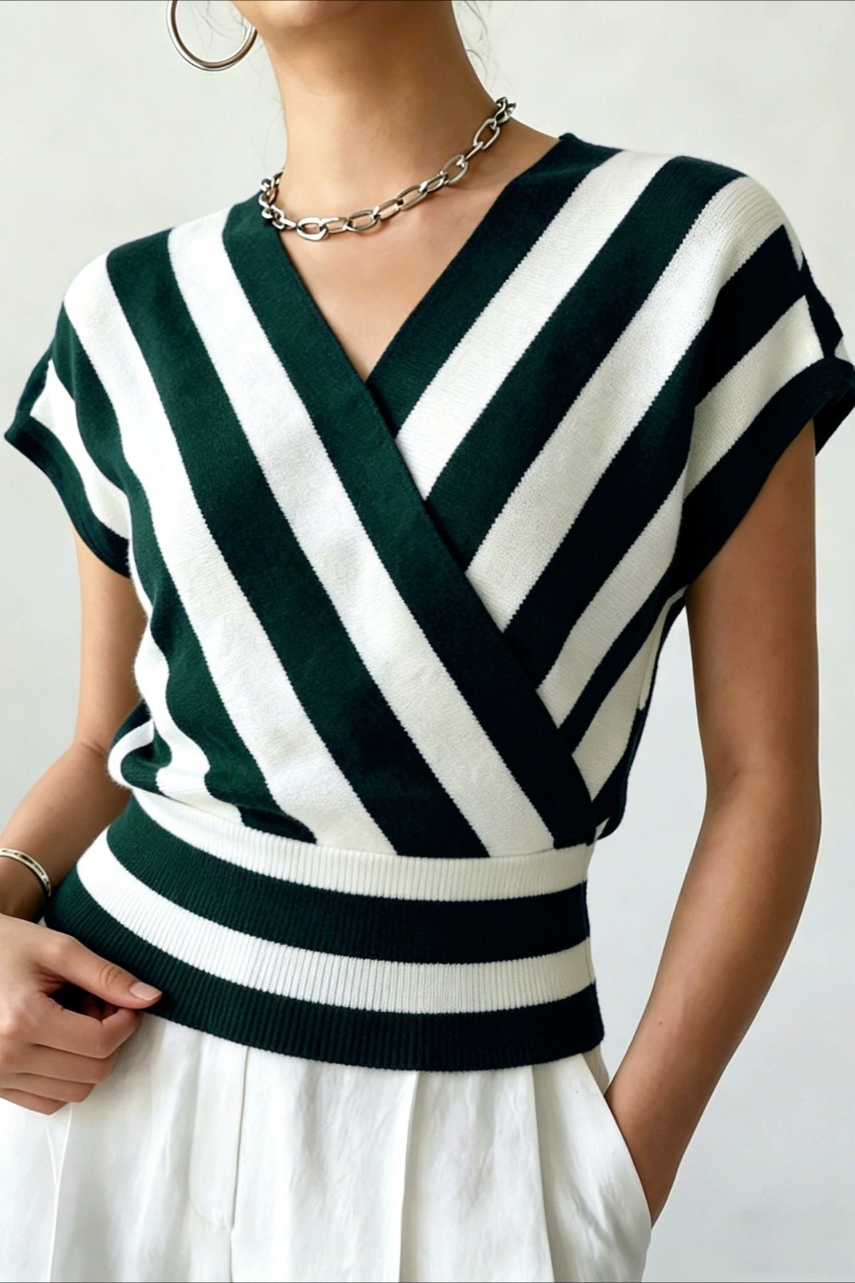 Back view of the striped short sleeve cardigan
