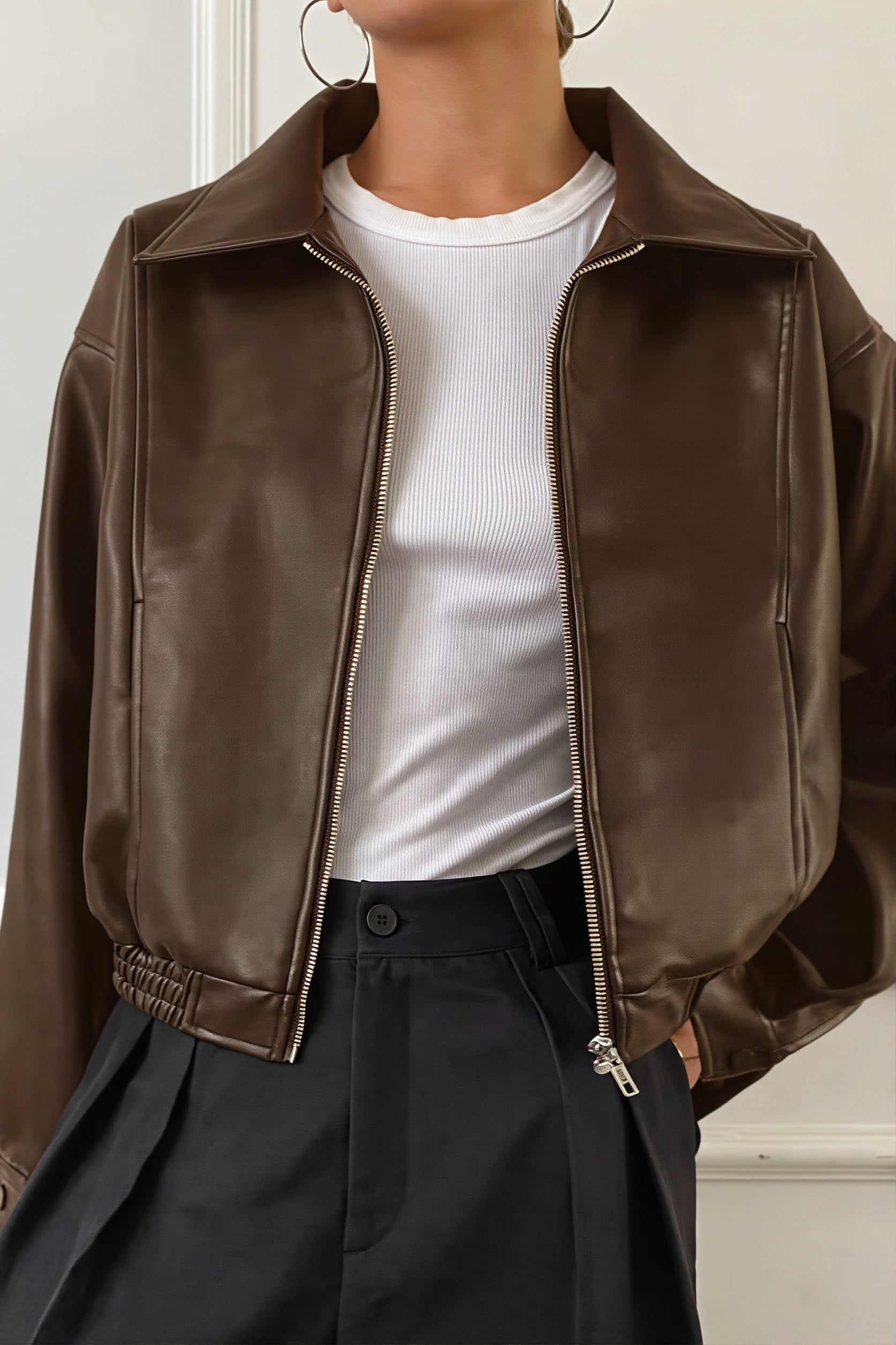 Cropped Faux Leather Jacket With Point Collar