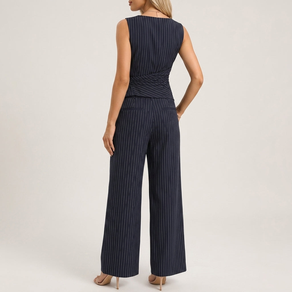 Matching pinstripe top and pants styled as a coordinated outfit