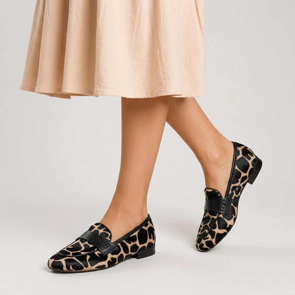 Leopard print slip-on moccasins shown from the side