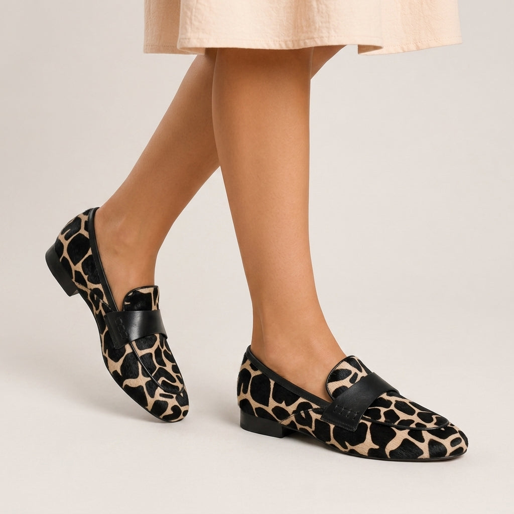 Pair of leopard print moccasins with slip-on design