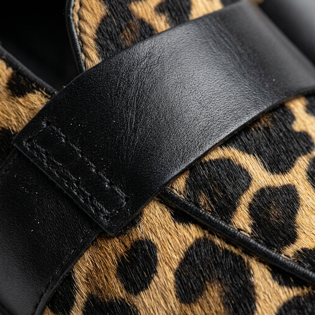 Close-up of leopard print detailing on slip-on moccasins