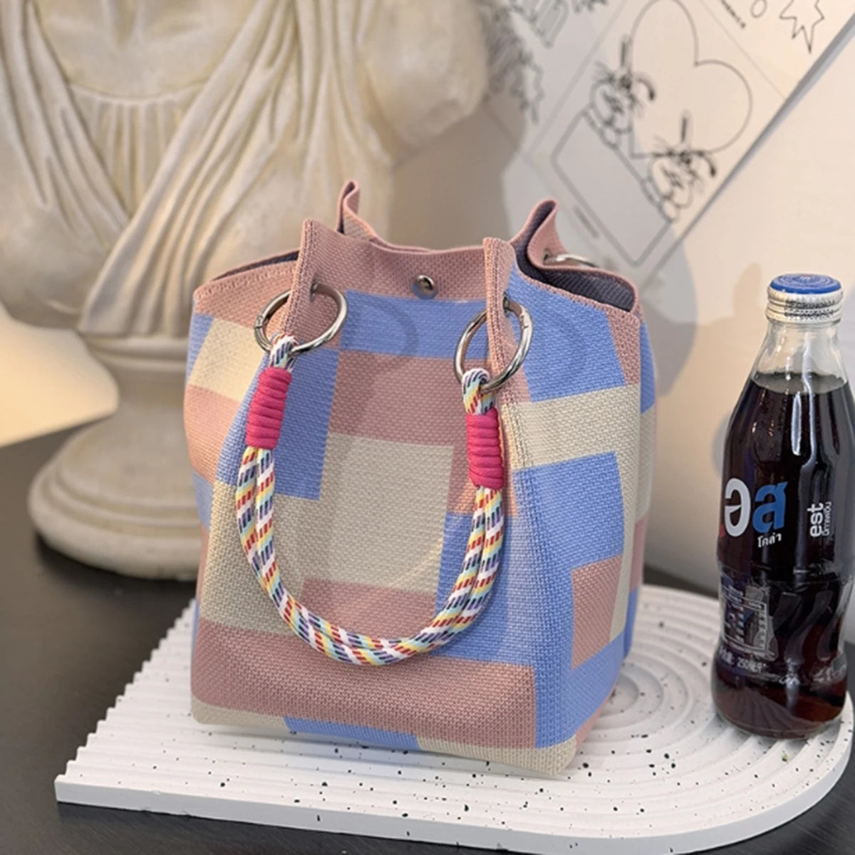 Colorblock Knitted Retro Bucket Handbag