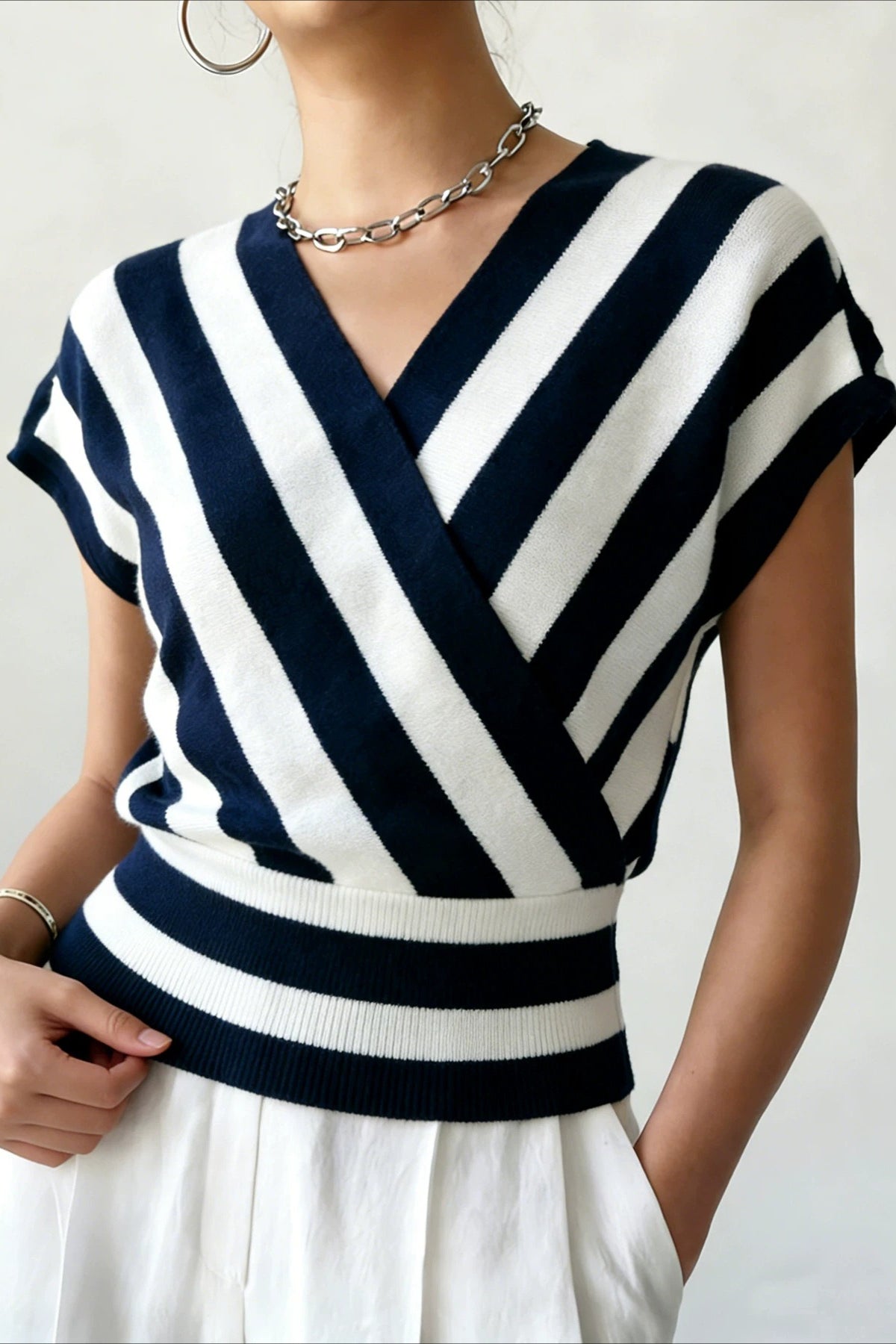 Striped wrap-waist cardigan with short sleeves shown from the front