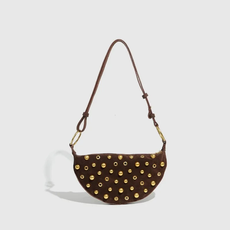 Studded Leather Crescent Shoulder Bag