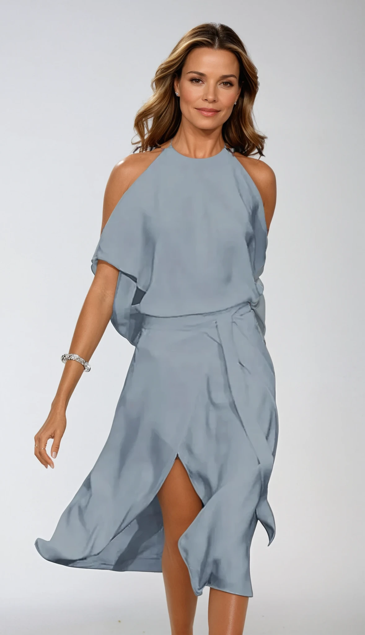 Side view of an elegant women's off-shoulder asymmetrical midi dress