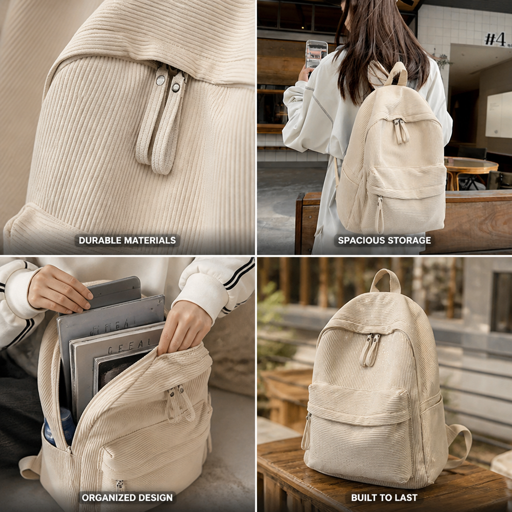 Structured backpack displaying its textured surface and front storage pockets