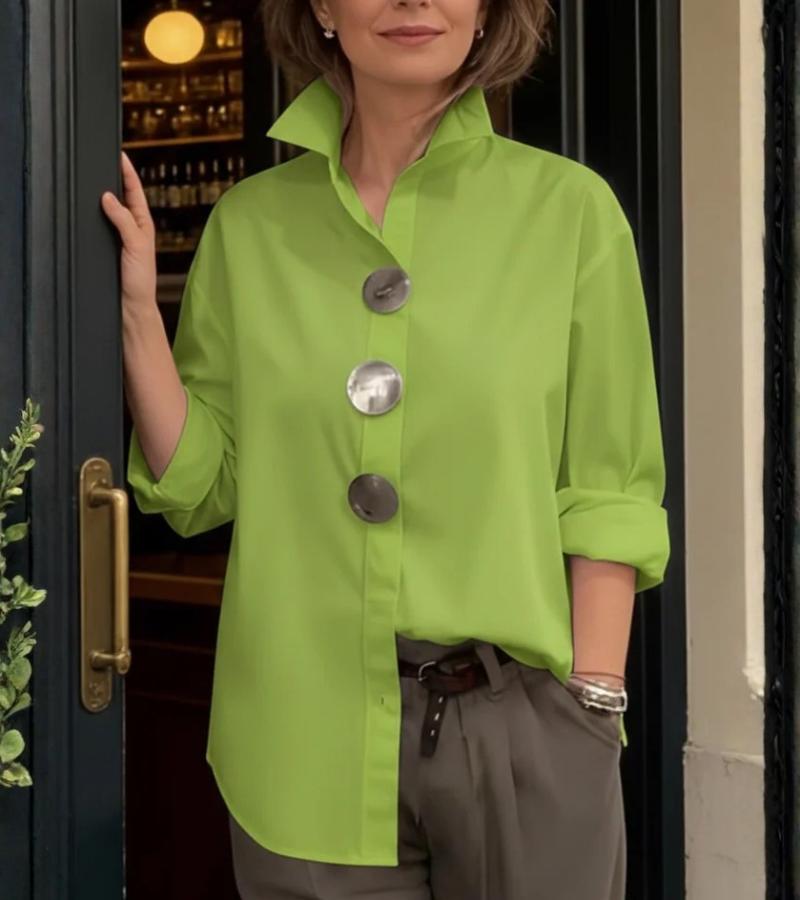 Side view of the women's structured blouse with stand collar