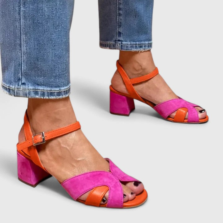 Women's high heel block sandals shown from the side