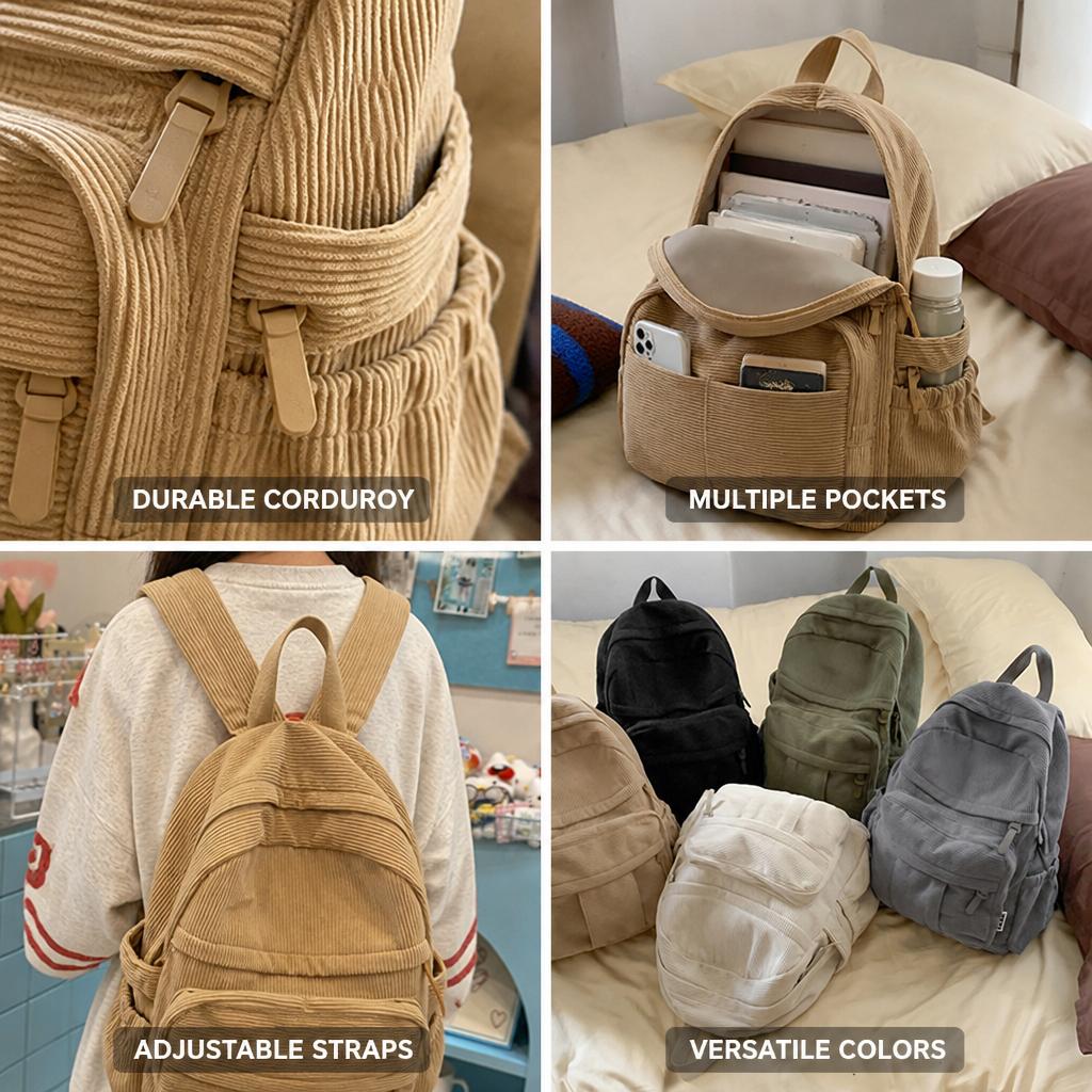 Corduroy backpack showing its spacious main compartment