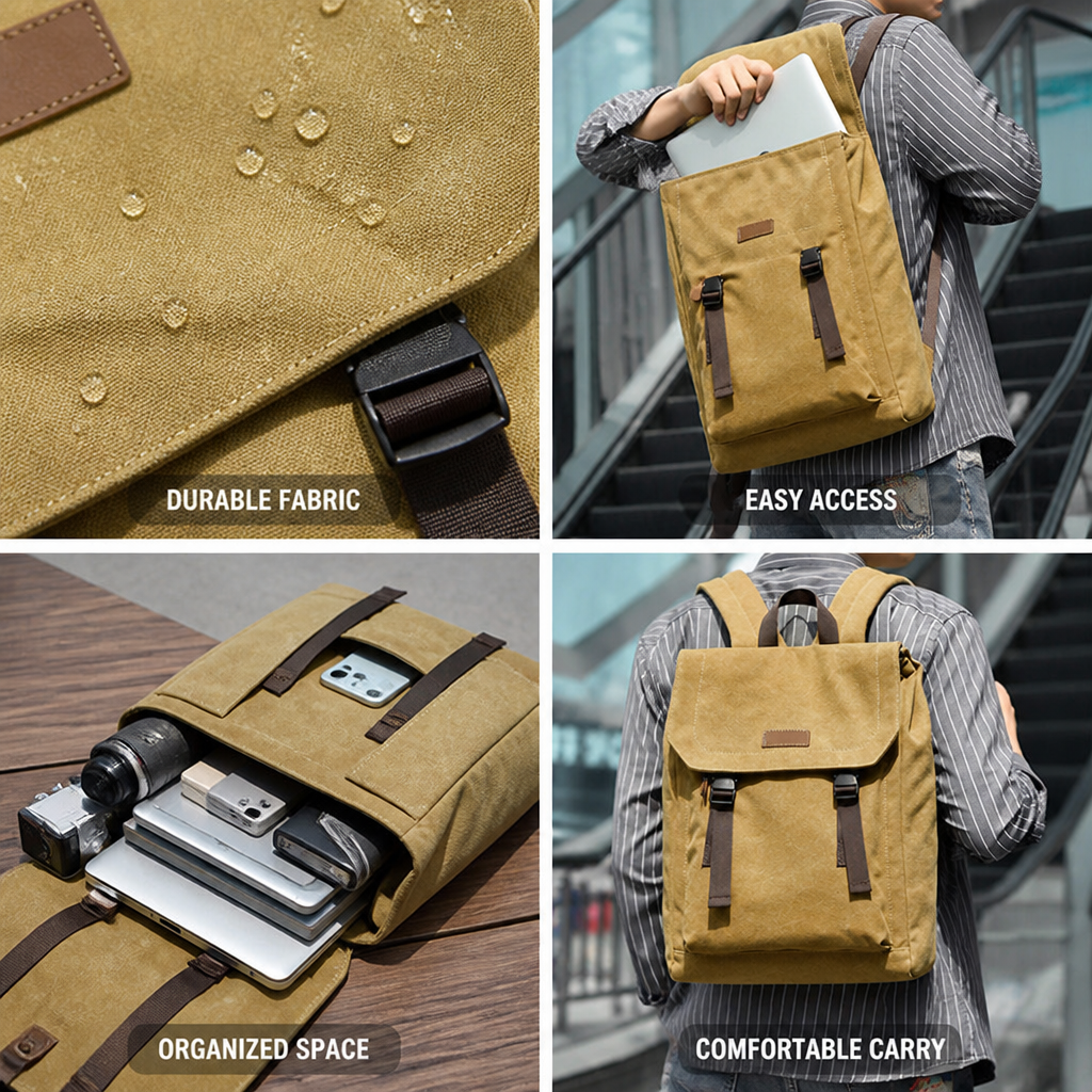 Foldover backpack displaying its flap closure and sturdy fabric design