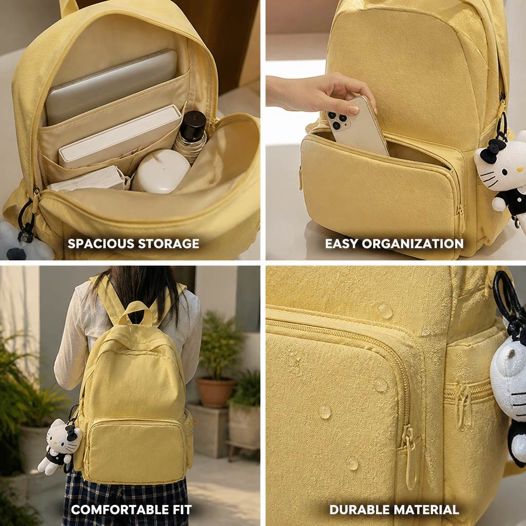 Black ergonomic backpack shown from the front with padded shoulder straps