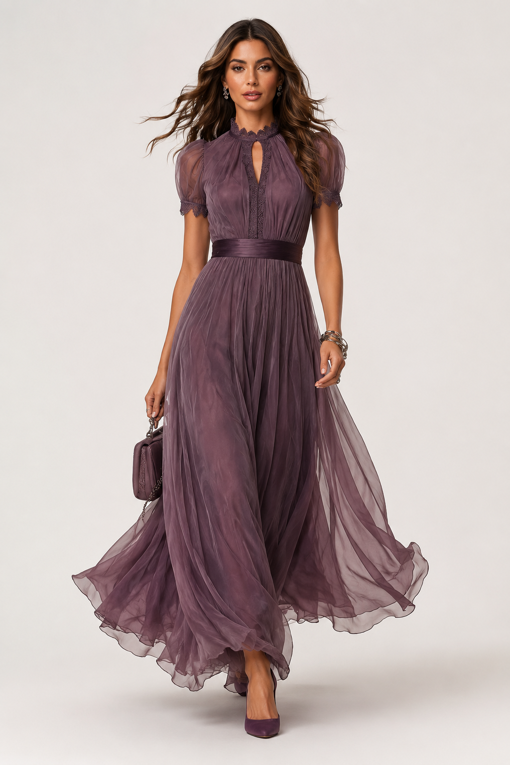Purple chiffon maxi dress shown in a full-length front view