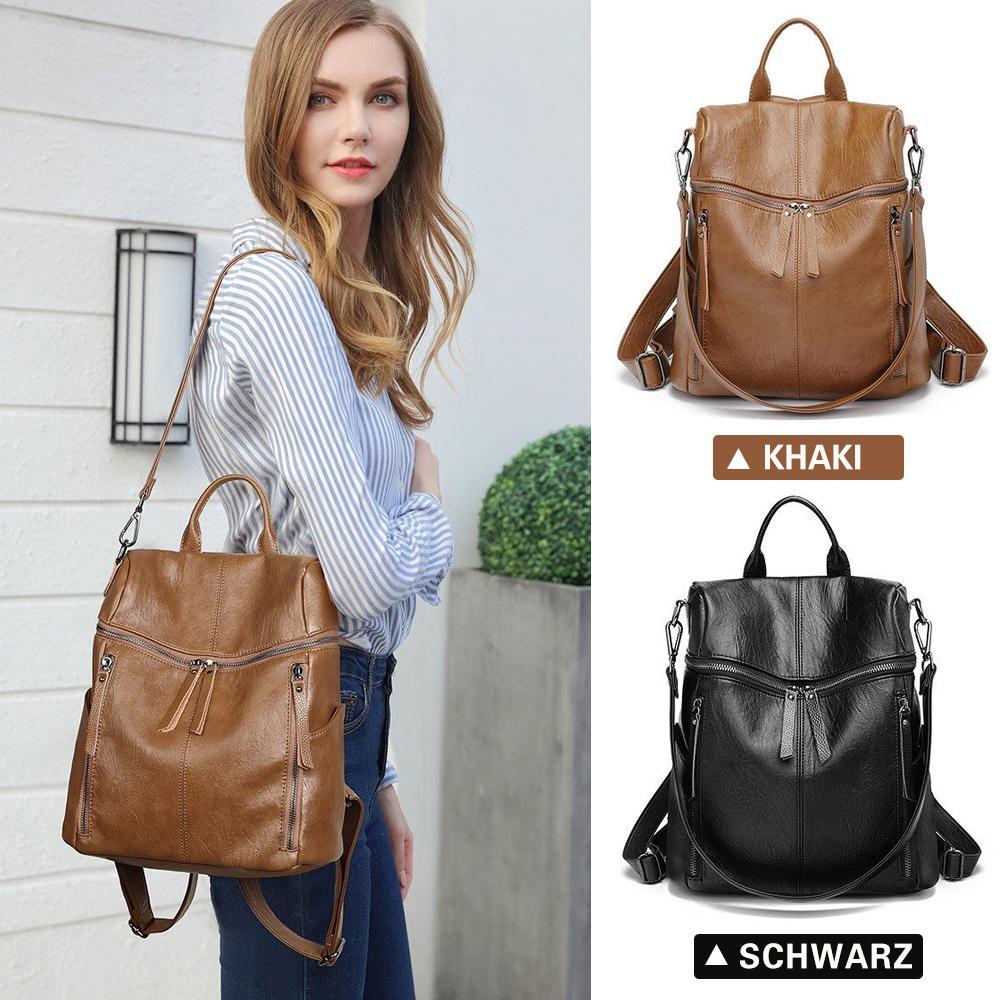 Leather backpack featuring a dedicated tablet storage compartment