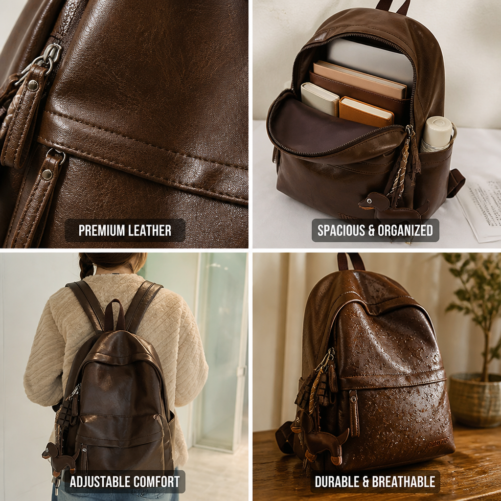 Leather backpack shown from the front with zippered pockets