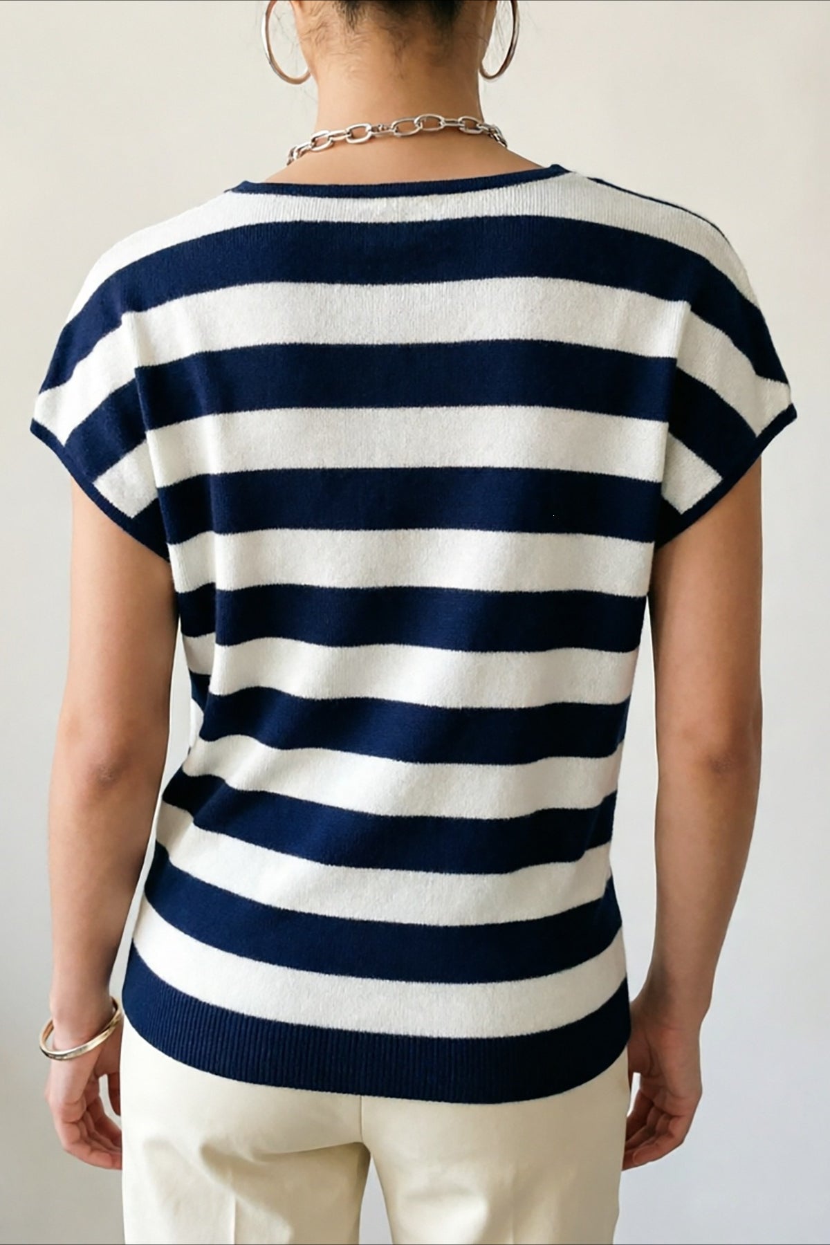 Short sleeve striped cardigan featuring a flattering wrap waist