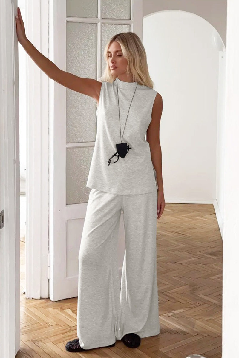 Close-up of the sleeveless lounge top neckline and fabric