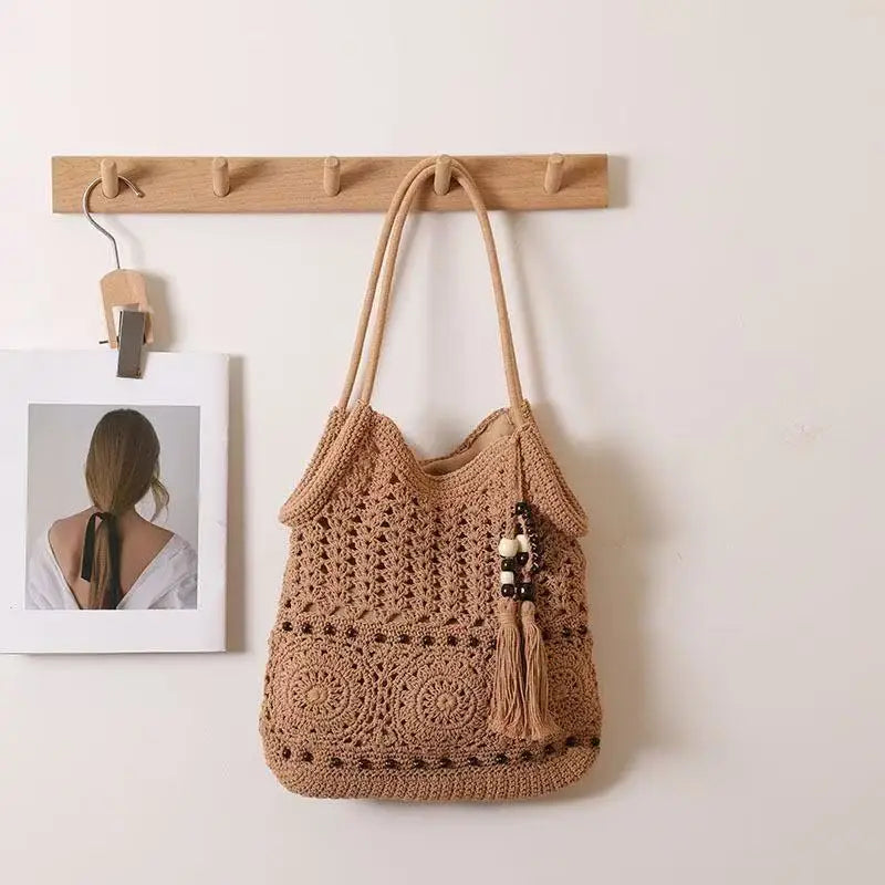 Boho Crochet Tote Bag with Bead Fringe and Adjustable Straps