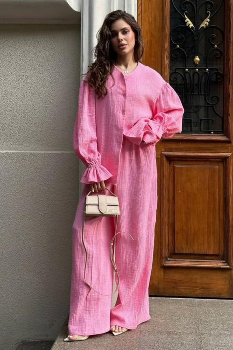 Women's cotton cardigan and wide-leg pants set shown as a coordinated outfit