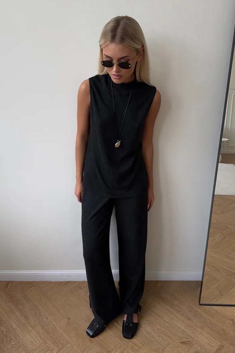 Sleeveless lounge top paired with matching wide-leg pants