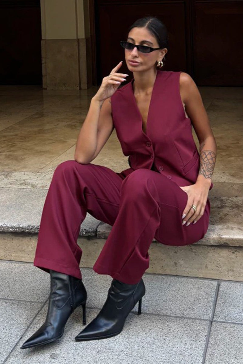 Front view of a women's tailored vest and pants outfit