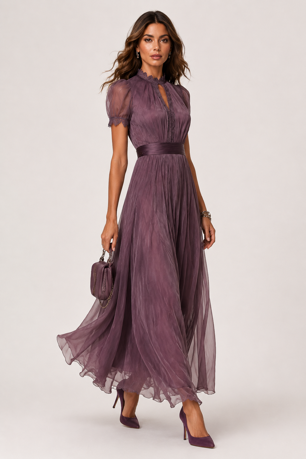 Purple chiffon maxi dress shown from the back
