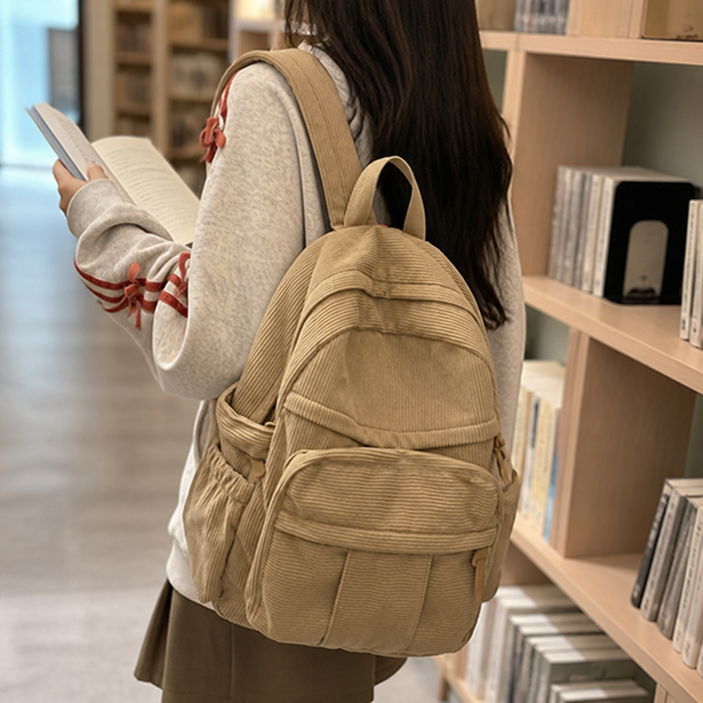 Close-up of the backpack's textured corduroy fabric