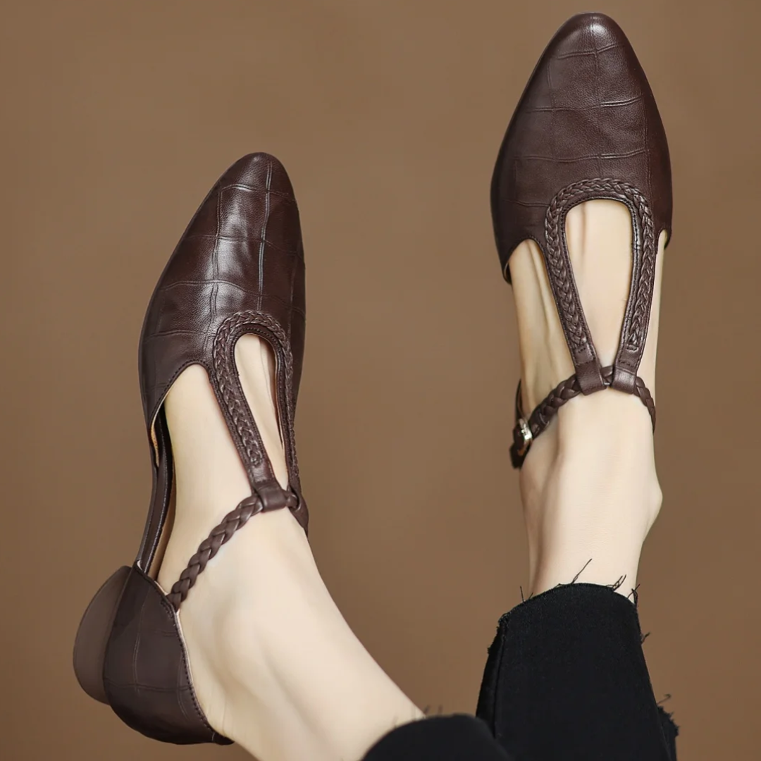 Women's T-Strap Leather Shoes With Woven Detail
