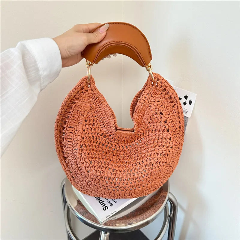 Handwoven Straw Crescent Moon Hobo Tote Bag Women