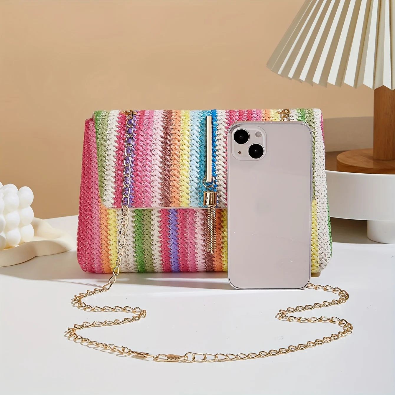 Rainbow Stripe Straw Crossbody Bag with Tassel Accent for Women