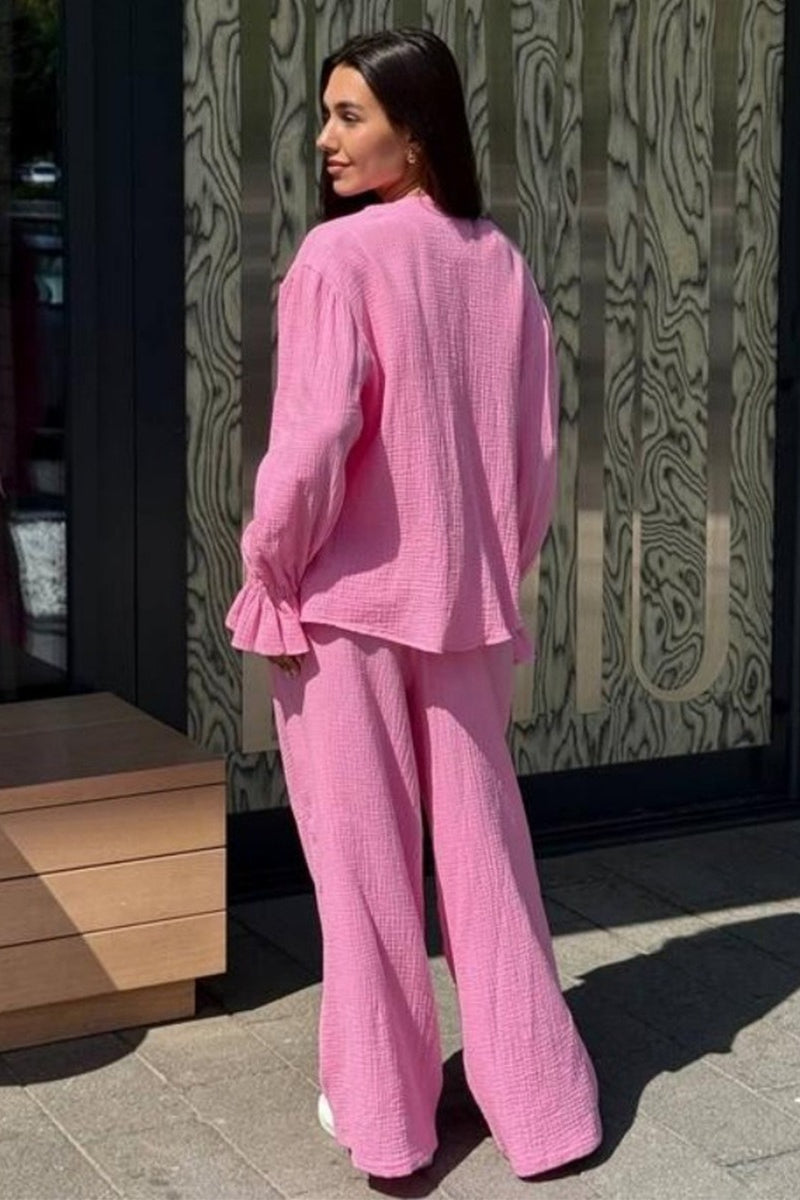Women's two-piece outfit featuring a button-front cotton cardigan