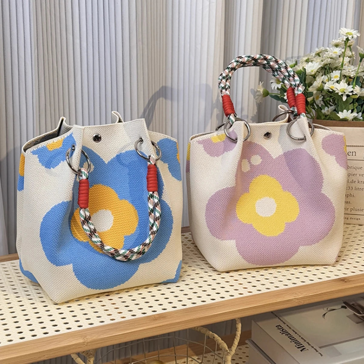 Colorblock Knitted Retro Bucket Handbag