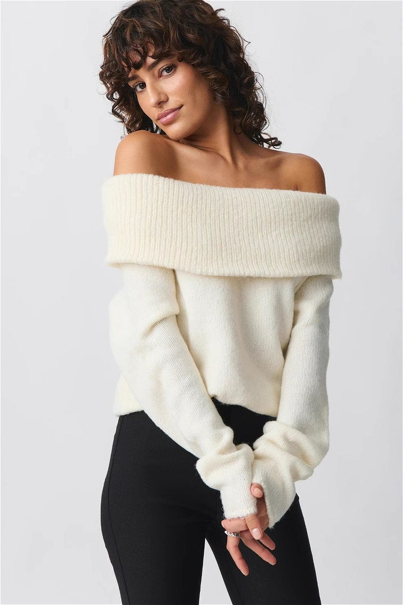 Off-Shoulder Fitted Sweater With Foldover Collar