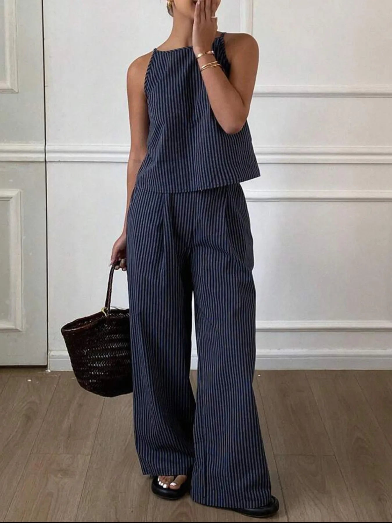 Close-up of the round-neck tank top in a coordinated set